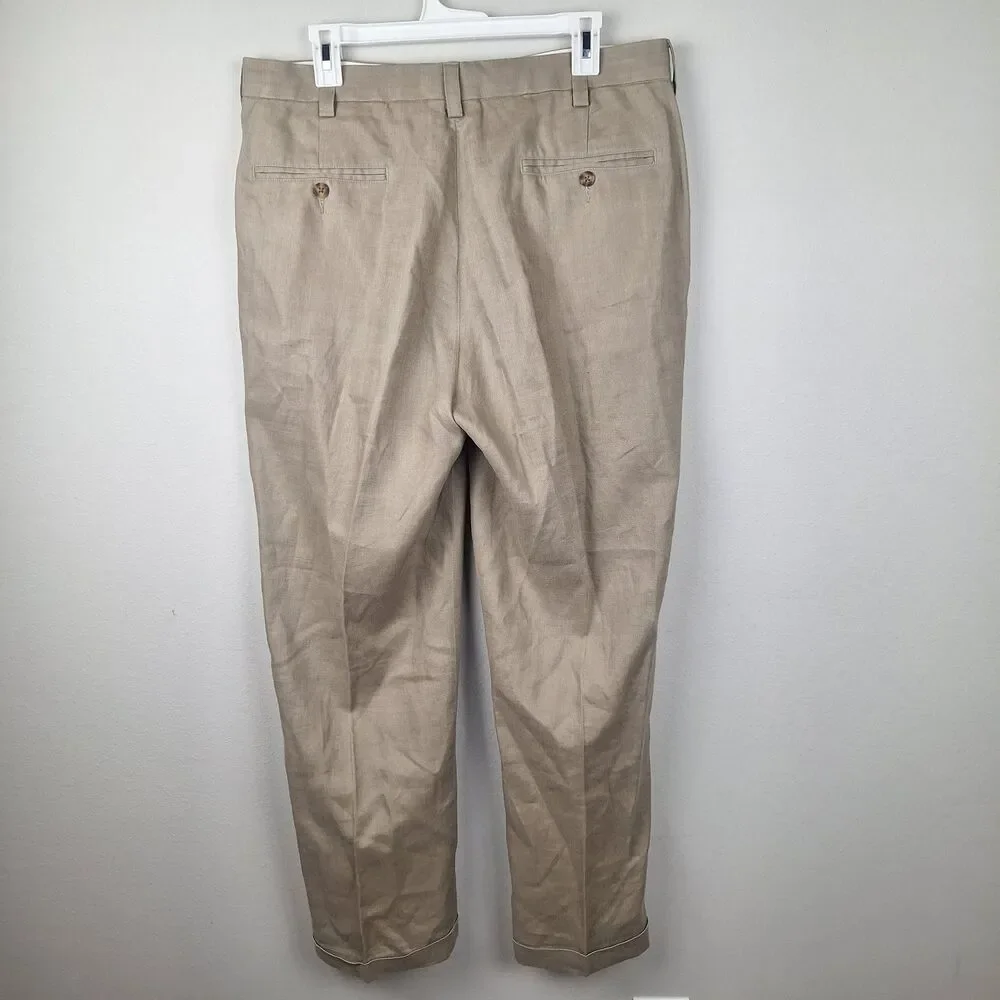 Vintage Jos A Bank Pants Mens 36x30 Linen Cuff Pleated Traveller's Collection